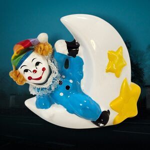 Vintage Ceramic Clown Moon Piggy Bank Rainbow Hat Yellow Stars Kitschy Circus